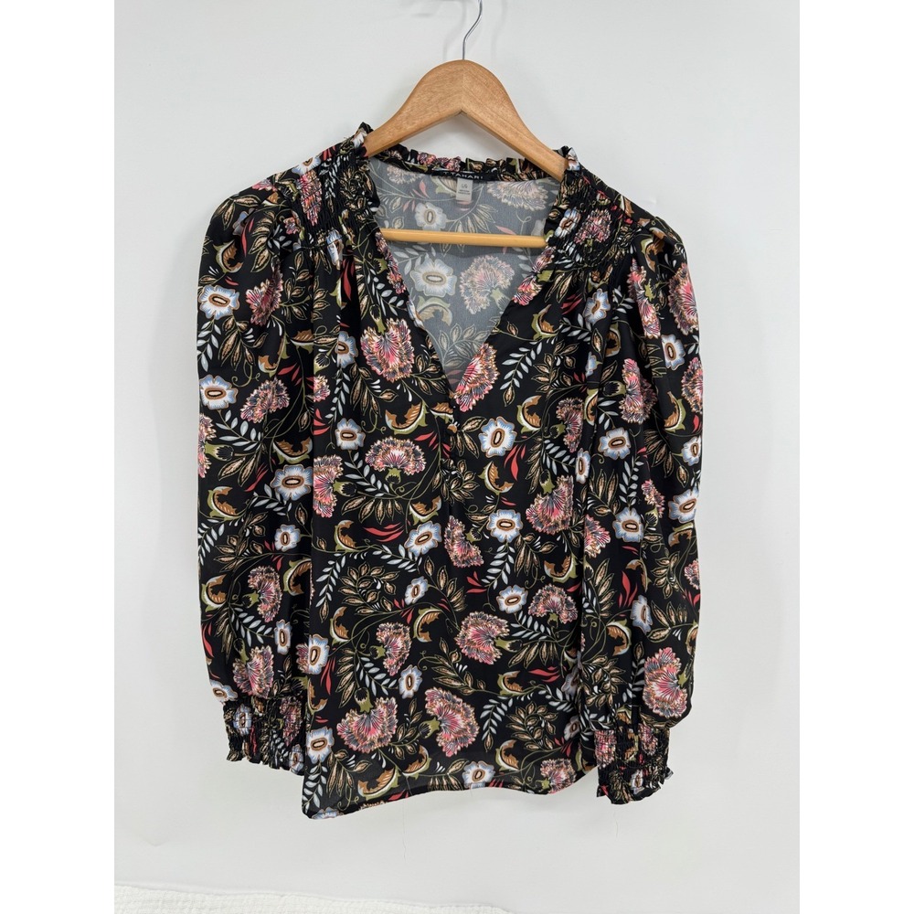 T Tahari Black Floral Smocked office Top Blouse Size Large V-Neck Long Sleeve